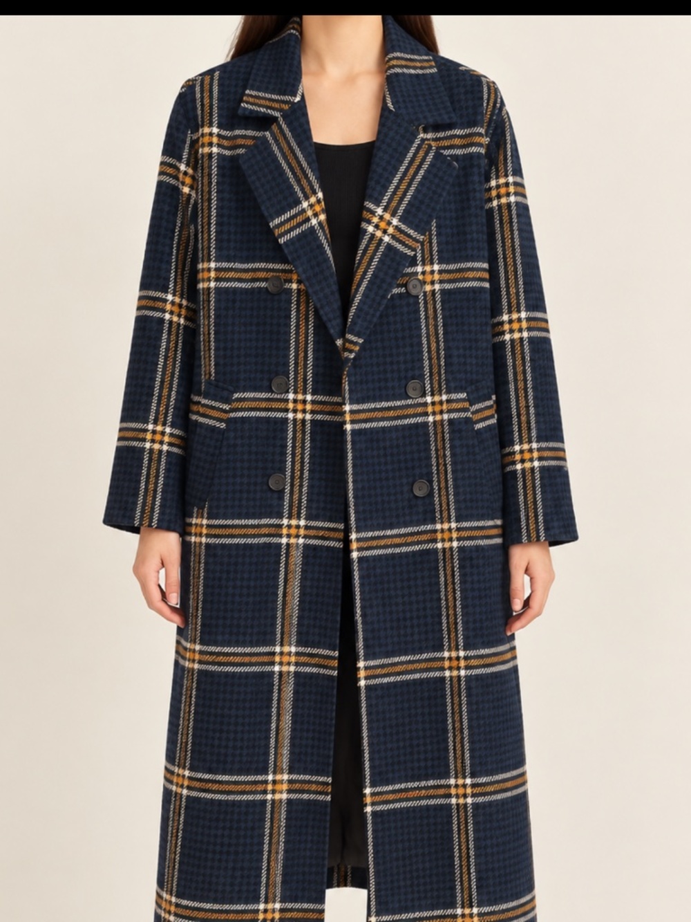 Garage Navy plaid double breasted long coat L/XL